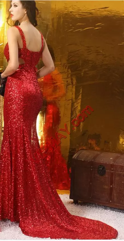 Zipper Homecoming Dress Red for Prom and Party and Military Ball with Sequins Sweep Train