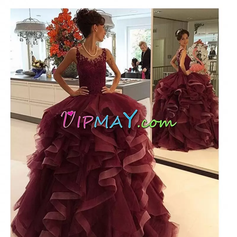 Charming Red Organza Lace Up Spaghetti Straps Sleeveless Floor Length Prom Gown Ruffles