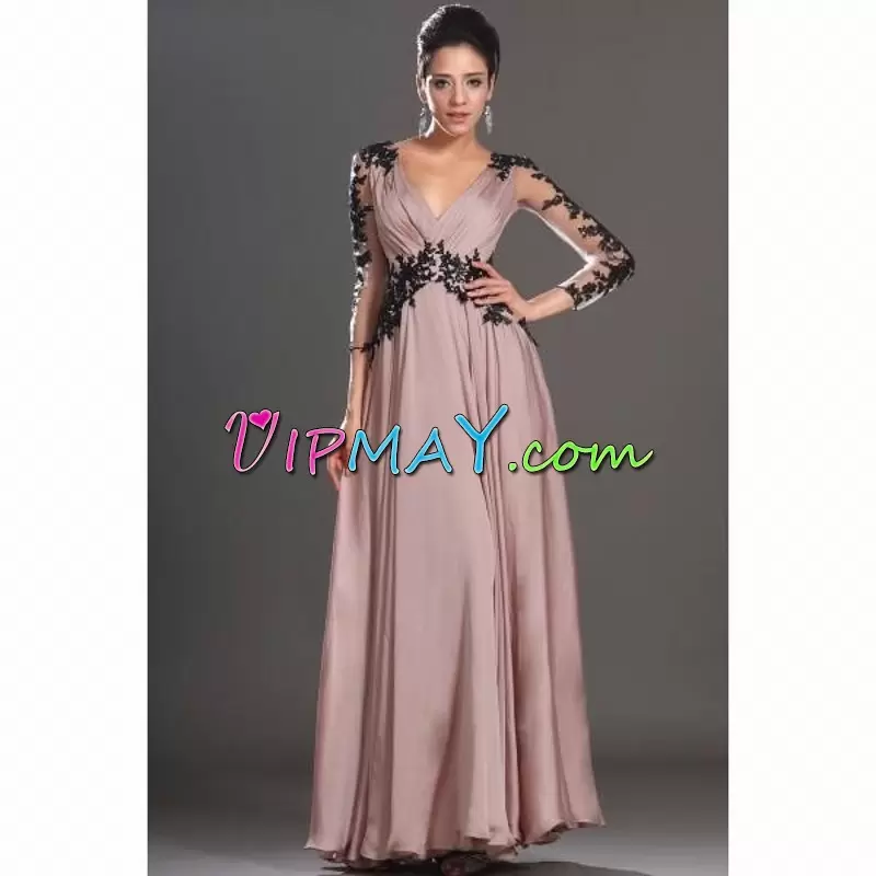 Smart Appliques Evening Dress Pink Backless 3 4 Length Sleeve Floor Length