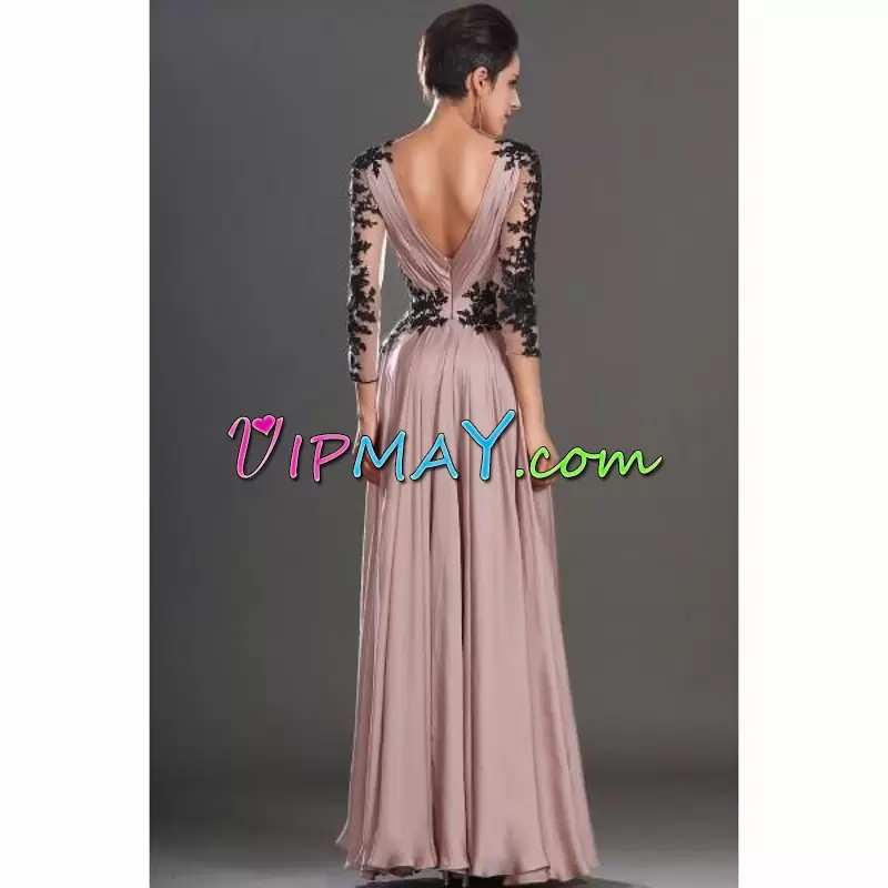 Smart Appliques Evening Dress Pink Backless 3 4 Length Sleeve Floor Length