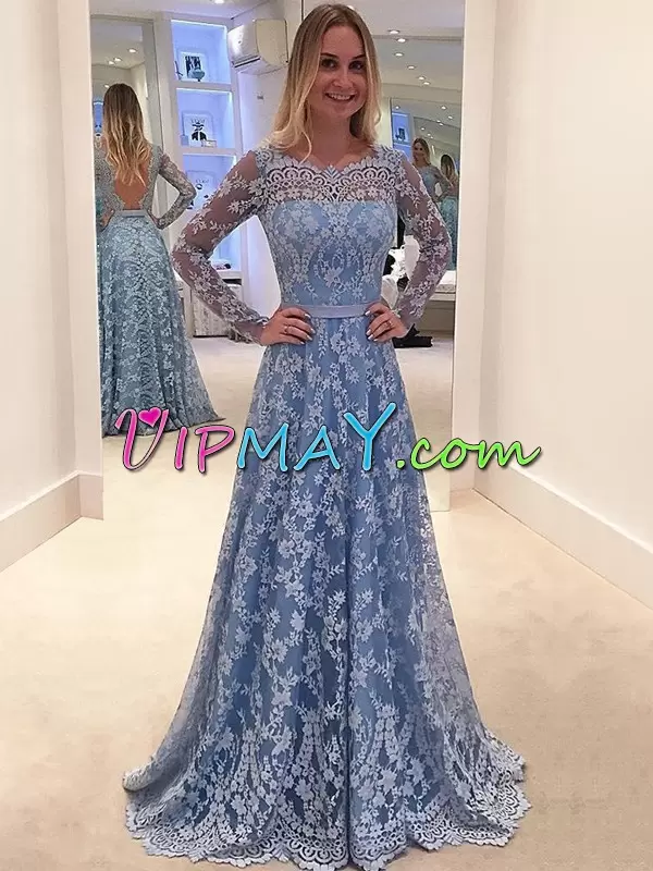 High Quality Long Sleeves Lace Floor Length Backless Homecoming Dress Online in Baby Blue with Lace and Belt
