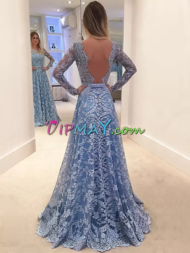 High Quality Long Sleeves Lace Floor Length Backless Homecoming Dress Online in Baby Blue with Lace and Belt