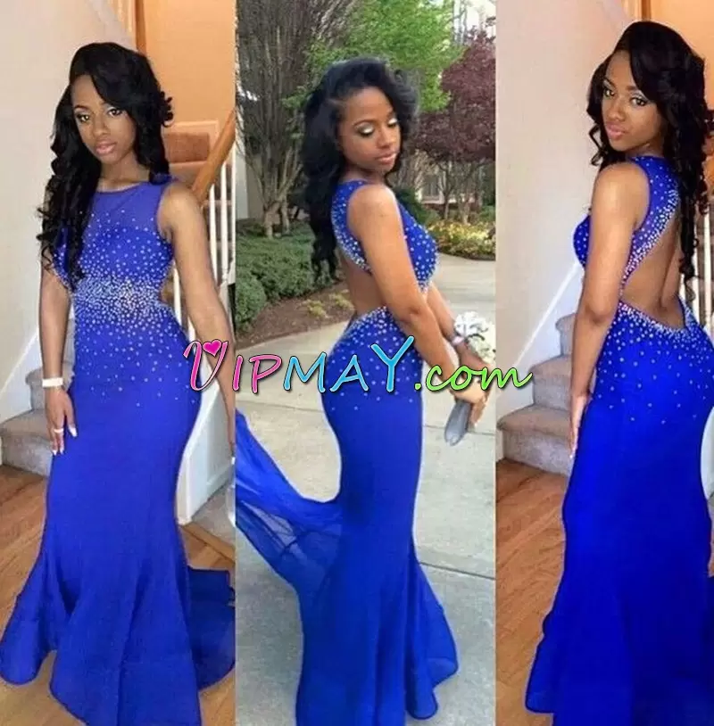 Exceptional Royal Blue Sleeveless Chiffon Sweep Train Backless Prom Dresses for Prom and Party