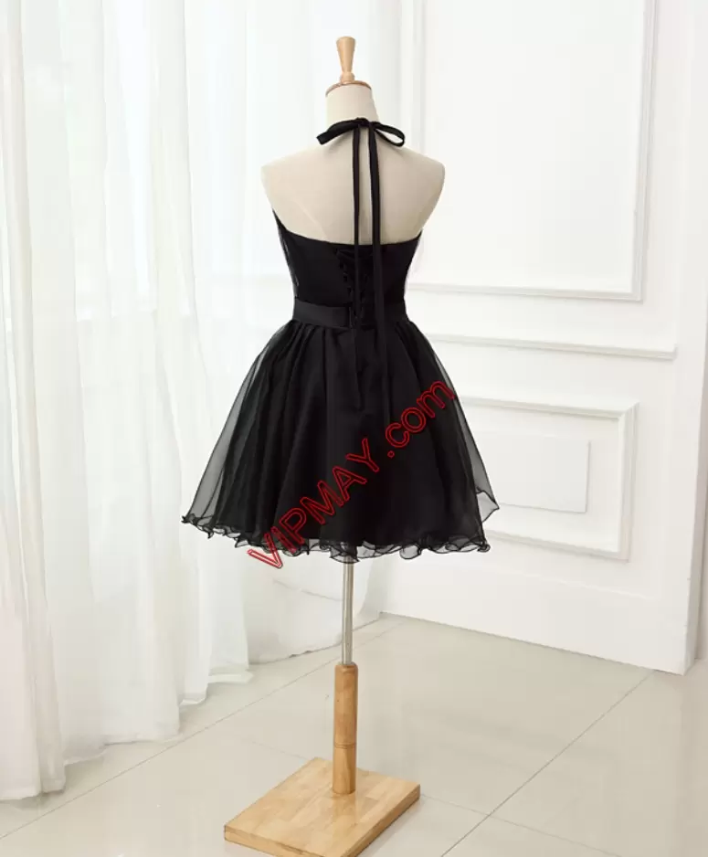 Black A-line Halter Top Sleeveless Chiffon Mini Length Zipper Beading