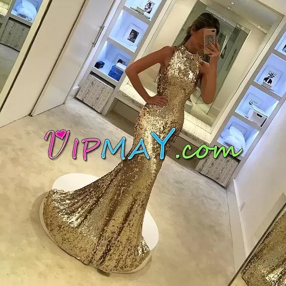 Custom Design Gold Prom Gown High-neck Sleeveless Sweep Train Lace Up