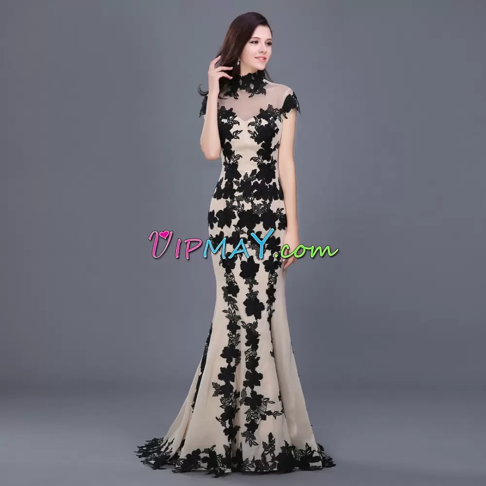 Fantastic Sweep Train Mermaid Prom Party Dress Multi-color High-neck Cap Sleeves Lace Up