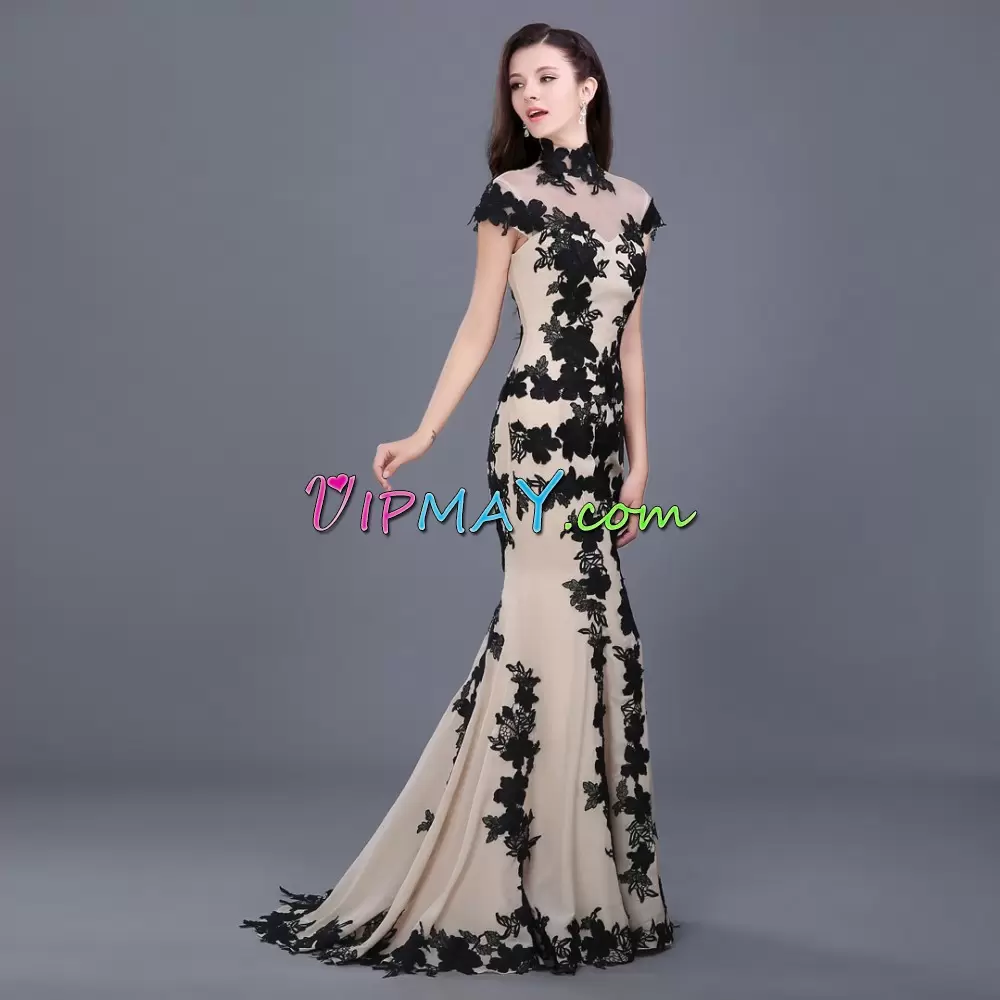 Fantastic Sweep Train Mermaid Prom Party Dress Multi-color High-neck Cap Sleeves Lace Up