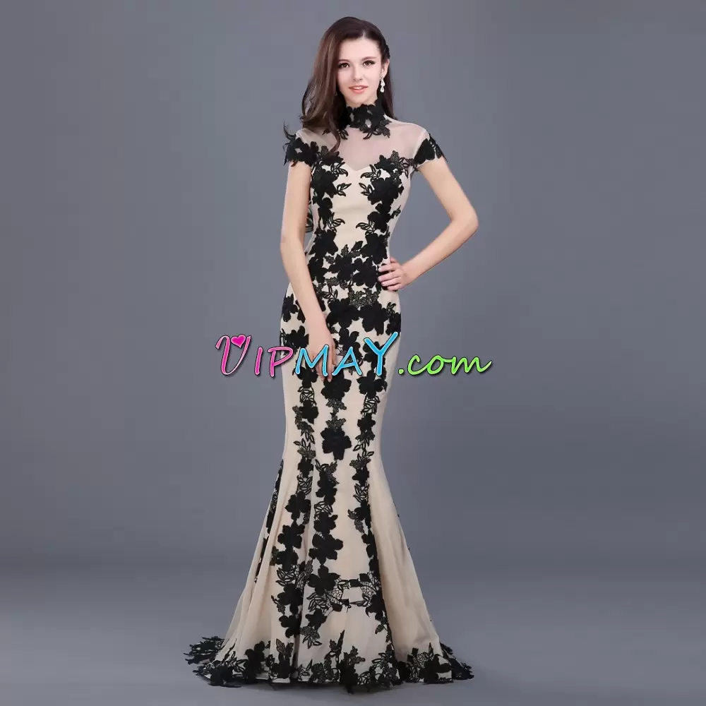 Fantastic Sweep Train Mermaid Prom Party Dress Multi-color High-neck Cap Sleeves Lace Up