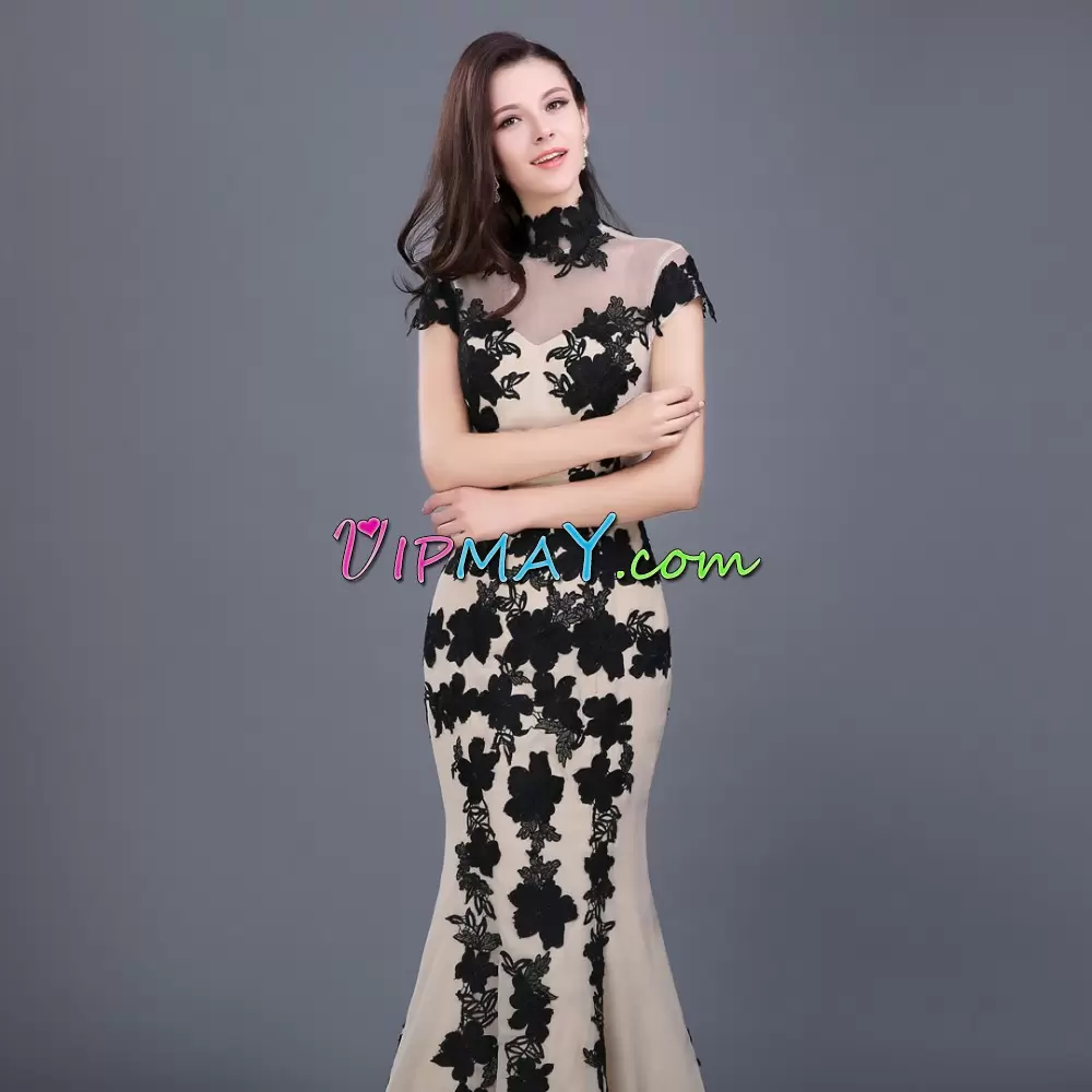 Fantastic Sweep Train Mermaid Prom Party Dress Multi-color High-neck Cap Sleeves Lace Up