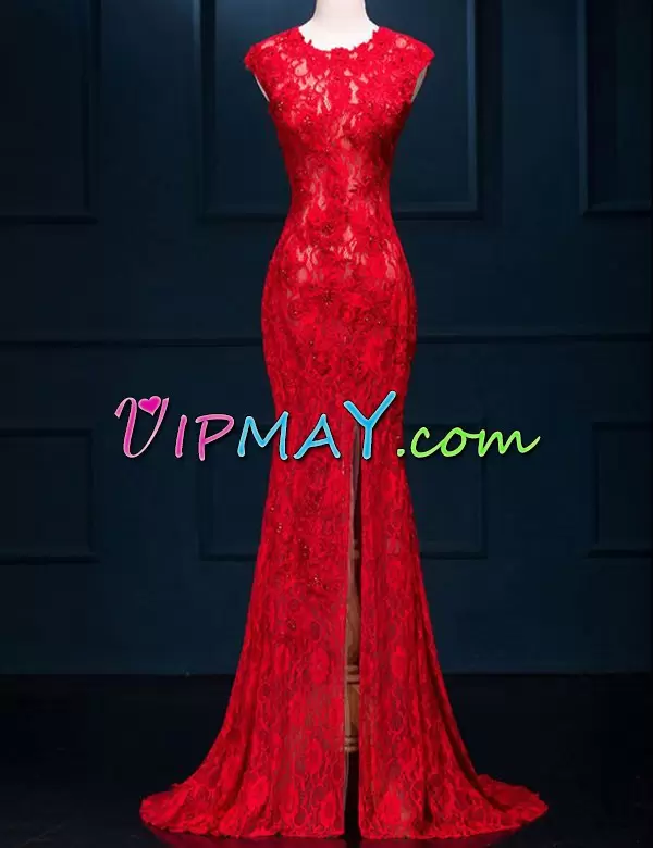 Red Evening Dress Scalloped Sleeveless Sweep Train Zipper