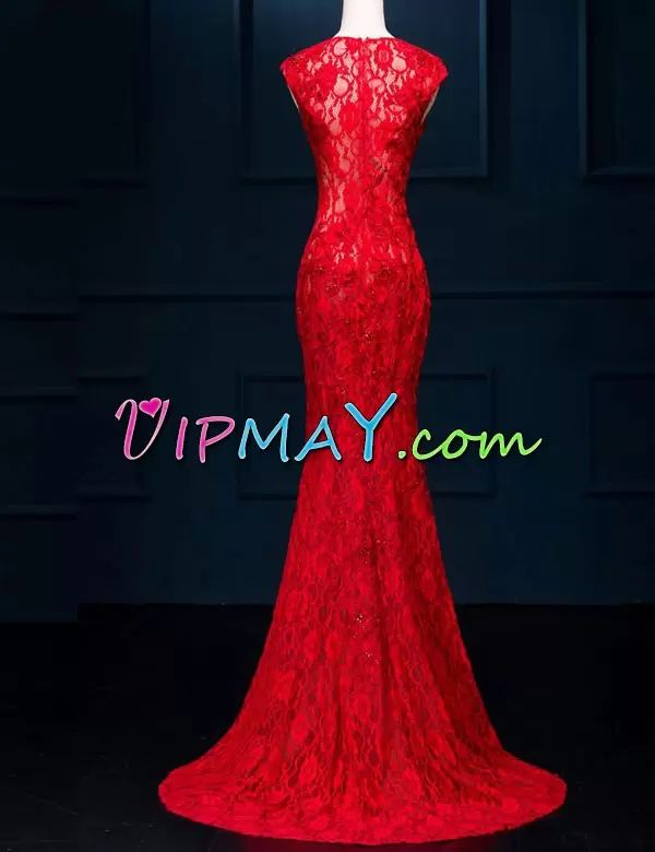 Red Evening Dress Scalloped Sleeveless Sweep Train Zipper