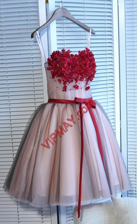 Mini Length Pink Prom Gown Tulle Sleeveless Appliques and Belt