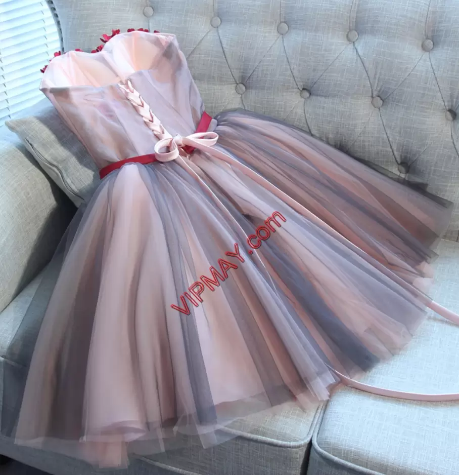 Mini Length Pink Prom Gown Tulle Sleeveless Appliques and Belt