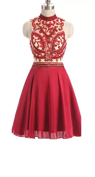 Best Selling Red Evening Dress Prom and Party and Military Ball with Beading High-neck Sleeveless Zipper