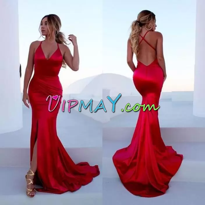 Dramatic Floor Length Lace Up Prom Party Dress Red for Prom and Party with Beading and Lace Sweep Train