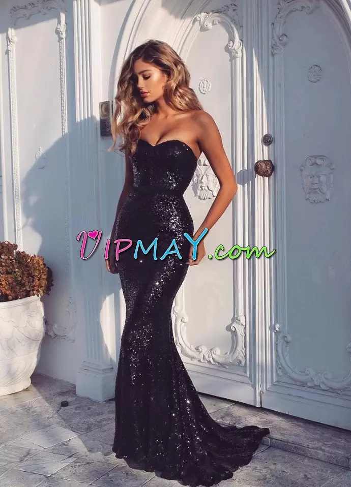 Luxury Black Sleeveless Sequined Sweep Train Lace Up Evening Outfits for Prom and Party