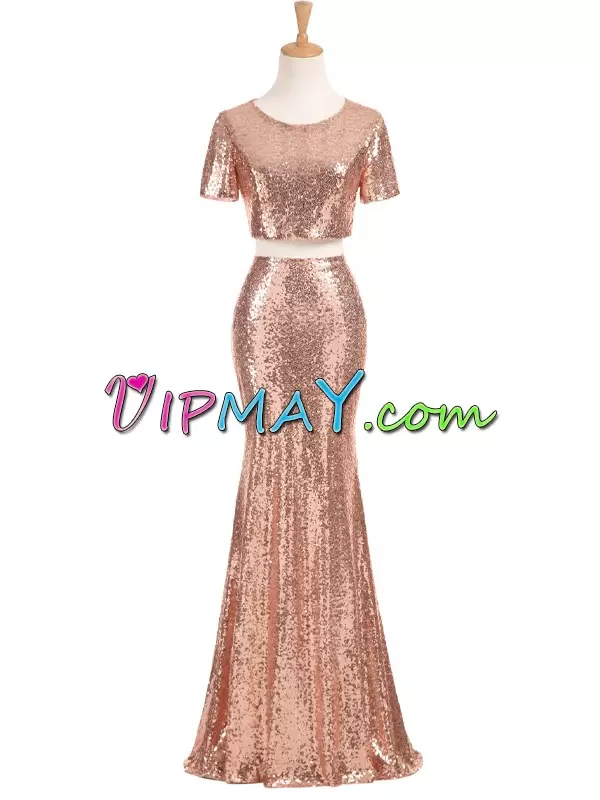 Great Sequined Scoop Short Sleeves Zipper Sequins Dress for Prom in Gold