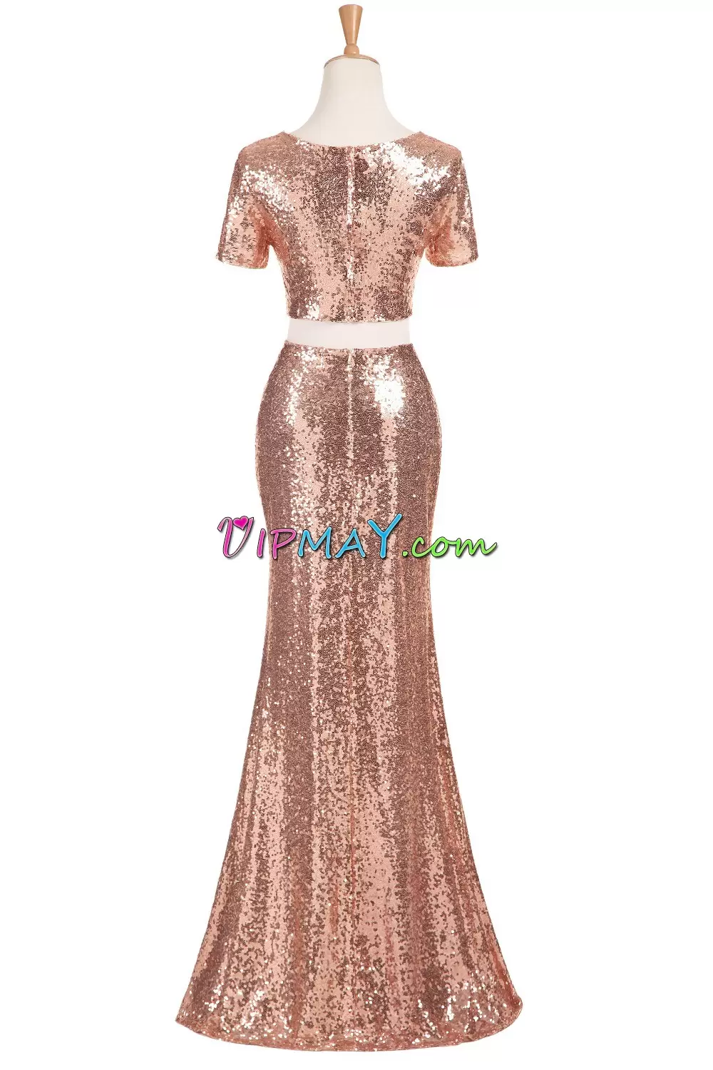 Great Sequined Scoop Short Sleeves Zipper Sequins Dress for Prom in Gold