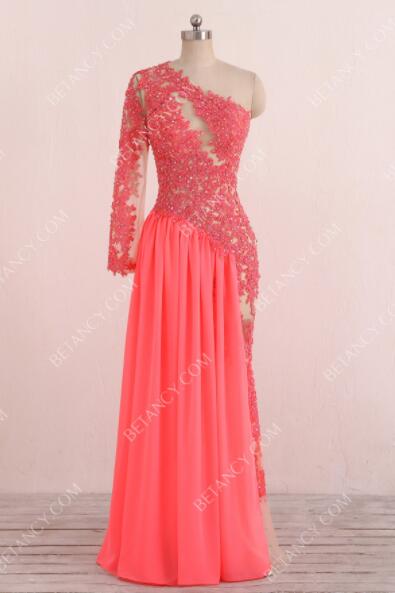 Sexy Floor Length Watermelon Red Evening Dress Chiffon Sweep Train Sleeveless Beading and Lace