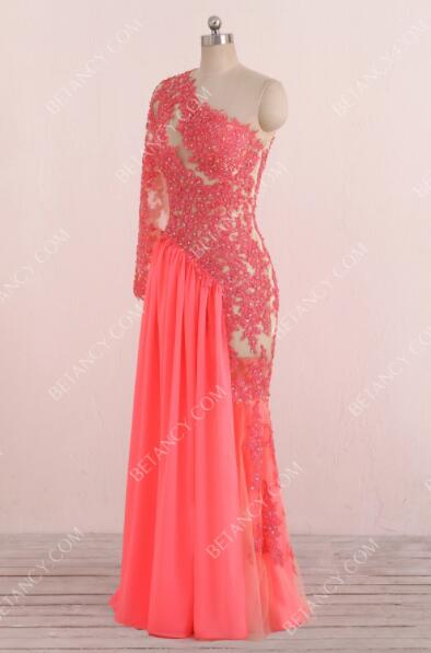 Sexy Floor Length Watermelon Red Evening Dress Chiffon Sweep Train Sleeveless Beading and Lace