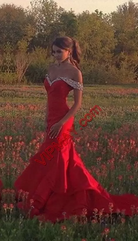 Graceful Off The Shoulder Sleeveless Satin Prom Gown Beading Sweep Train Lace Up