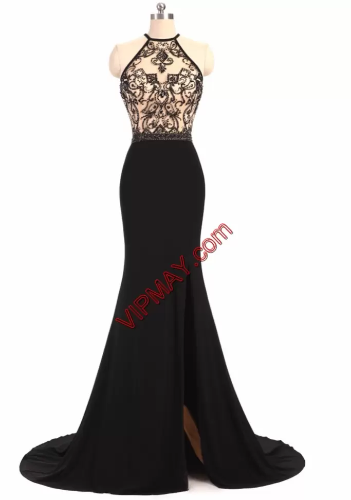 Modest Halter Top Sleeveless Sweep Train Zipper Prom Evening Gown Black Chiffon Beading