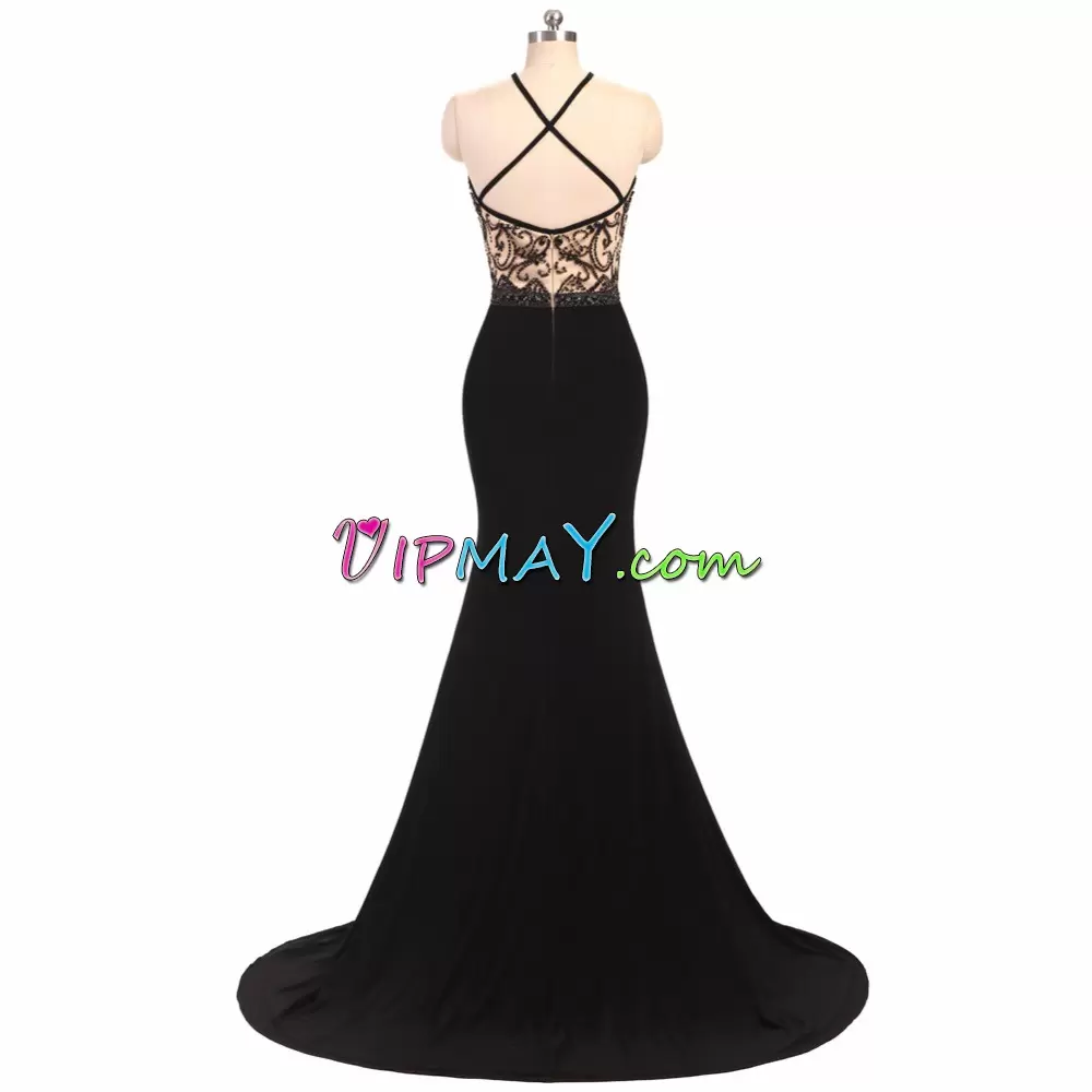 Modest Halter Top Sleeveless Sweep Train Zipper Prom Evening Gown Black Chiffon Beading