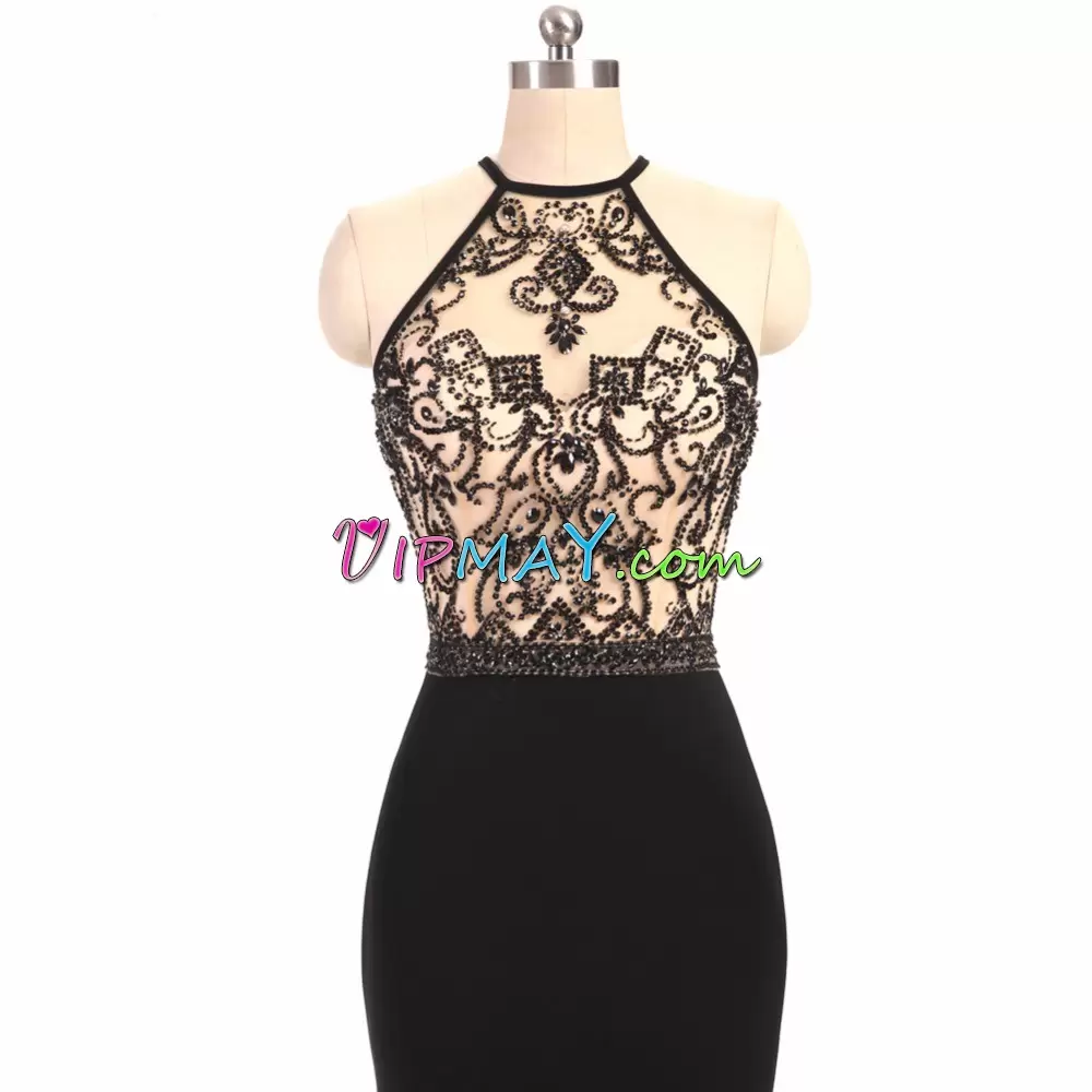 Modest Halter Top Sleeveless Sweep Train Zipper Prom Evening Gown Black Chiffon Beading