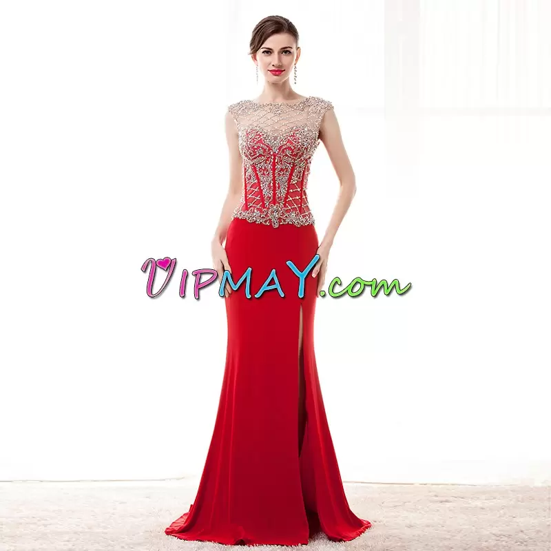 Red Sleeveless Floor Length Beading Backless Junior Homecoming Dress Scoop