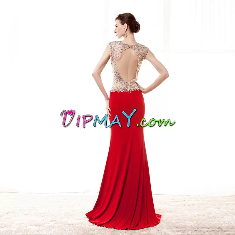 Red Sleeveless Floor Length Beading Backless Junior Homecoming Dress Scoop
