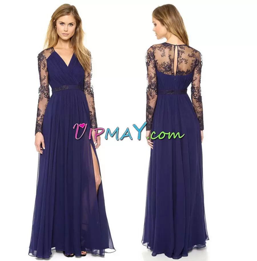 Pretty Blue Satin and Chiffon Lace Up V-neck Sleeveless Floor Length Prom Dress Beading and Lace