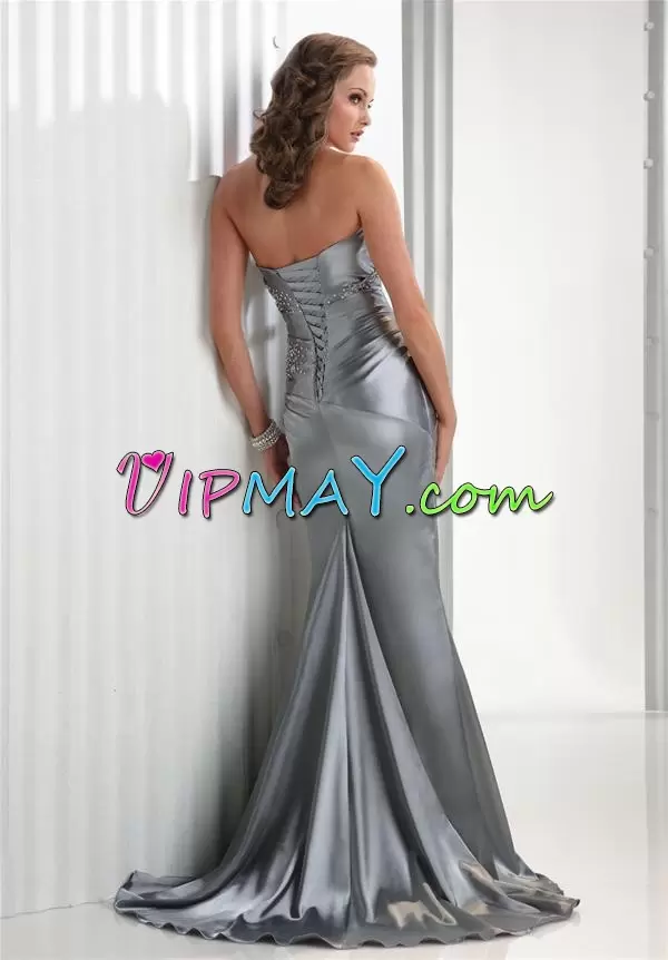 Floor Length Blue Evening Dress Satin Sweep Train Sleeveless Beading and Lace