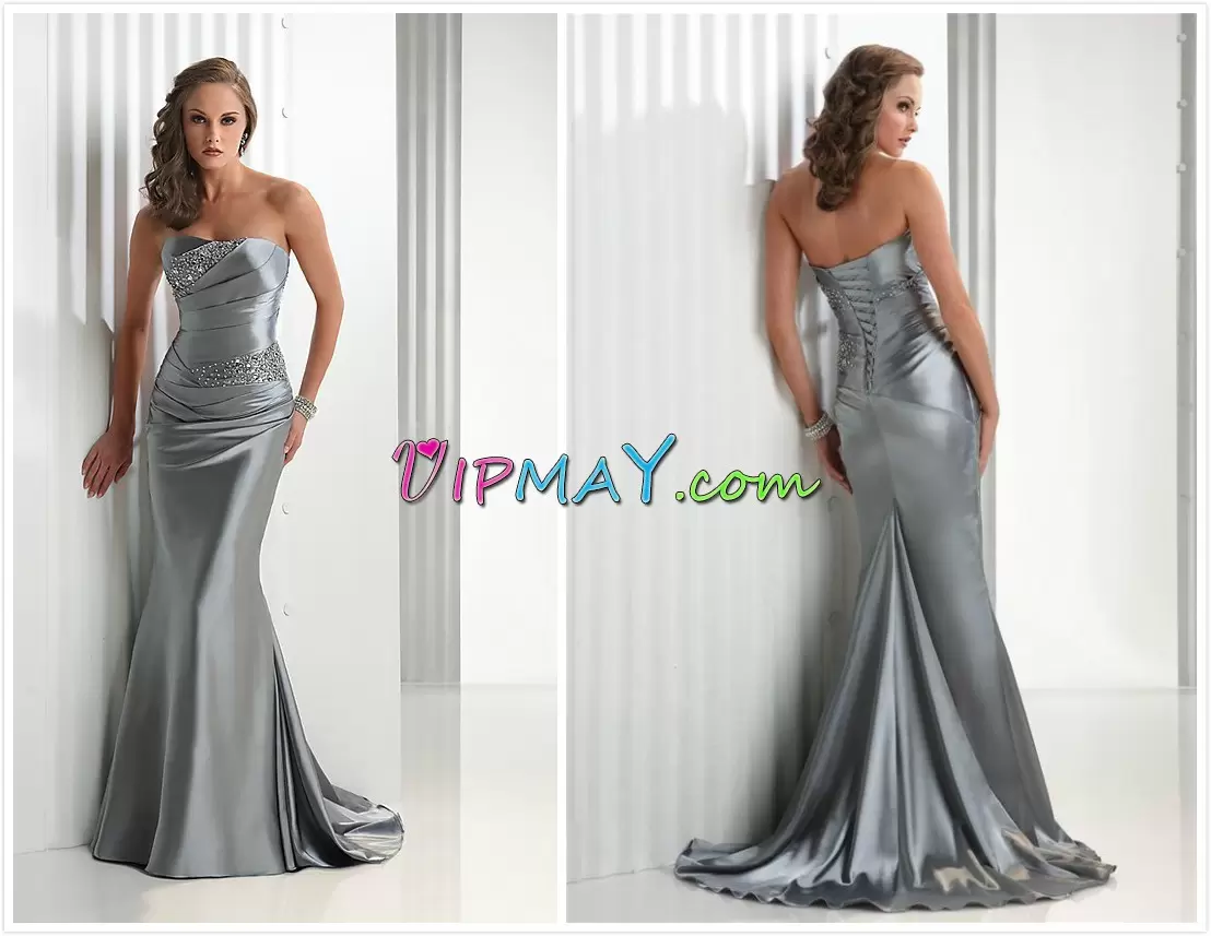 Floor Length Blue Evening Dress Satin Sweep Train Sleeveless Beading and Lace