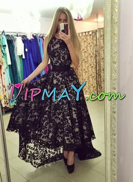 Fashion Lace Prom Gown Black Zipper Sleeveless High Low