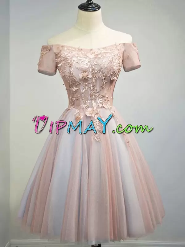 Pink Lace Up Evening Dress Lace and Appliques Short Sleeves Knee Length