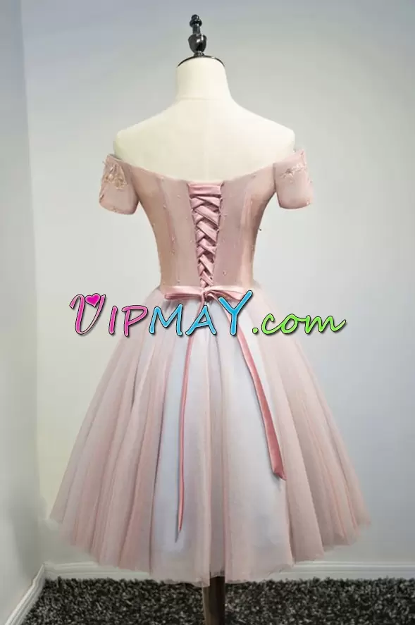 Pink Lace Up Evening Dress Lace and Appliques Short Sleeves Knee Length