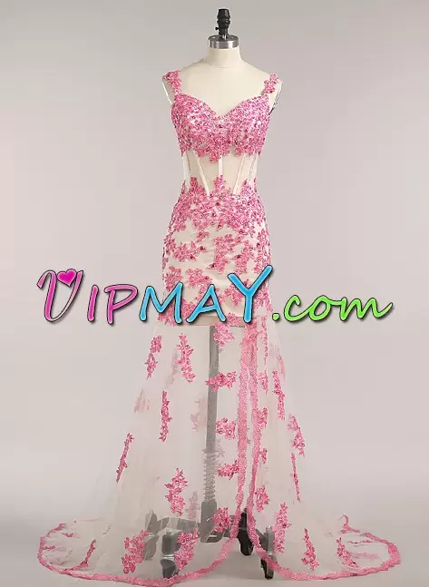 Luxury Floor Length Zipper Prom Dresses Pink for Prom and Party and Military Ball with Appliques
