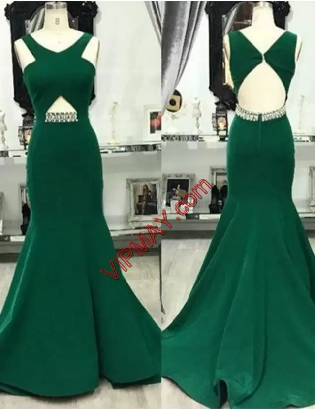 Green Satin Backless V-neck Sleeveless Evening Dress Sweep Train Beading