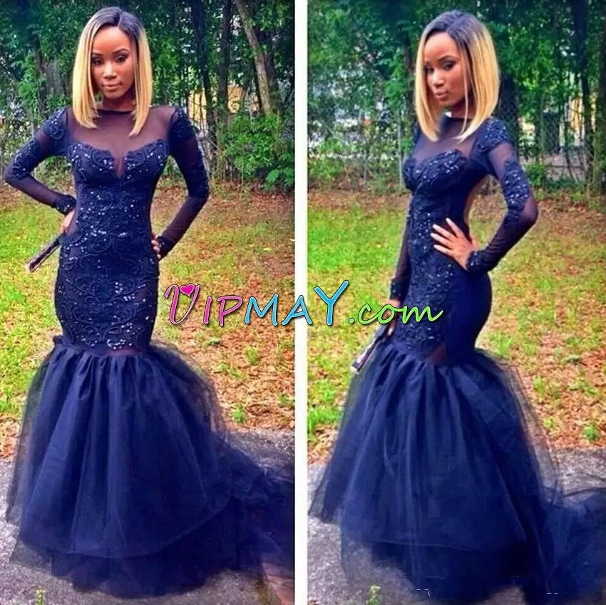 Navy Blue Mermaid Scoop Long Sleeves Tulle Sweep Train Lace Up Beading Prom Homecoming Dress