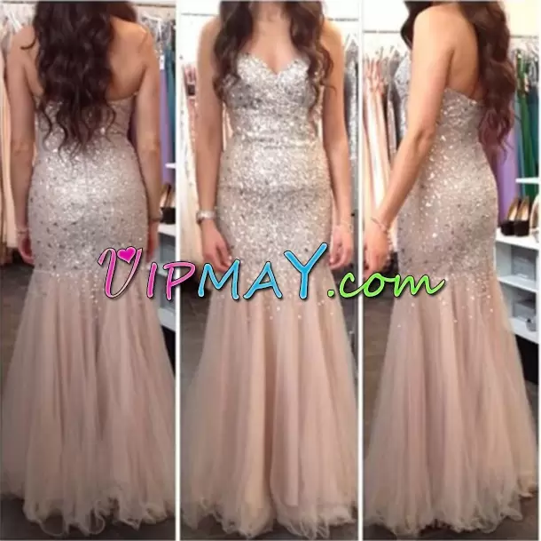 Stylish White and Peach Satin and Tulle Lace Up Strapless Sleeveless Floor Length Prom Gown Beading and Lace