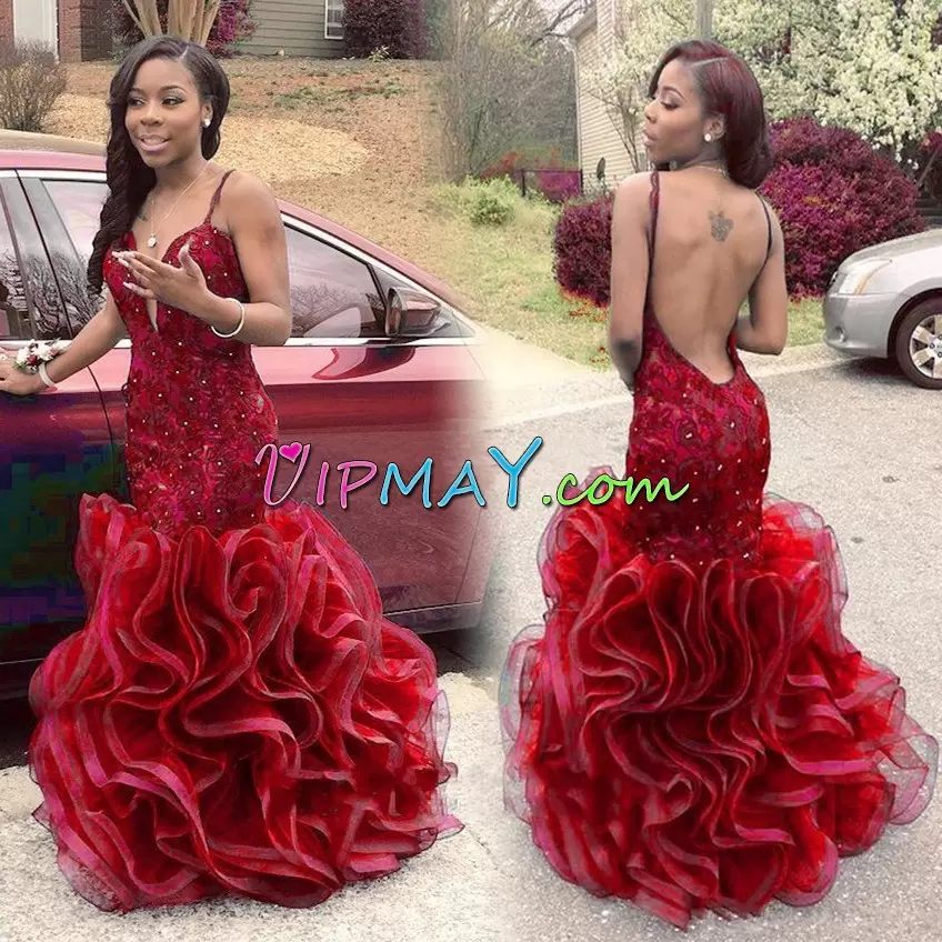 Cheap Red Mermaid Appliques and Ruffles Prom Evening Gown Backless Organza Sleeveless Floor Length