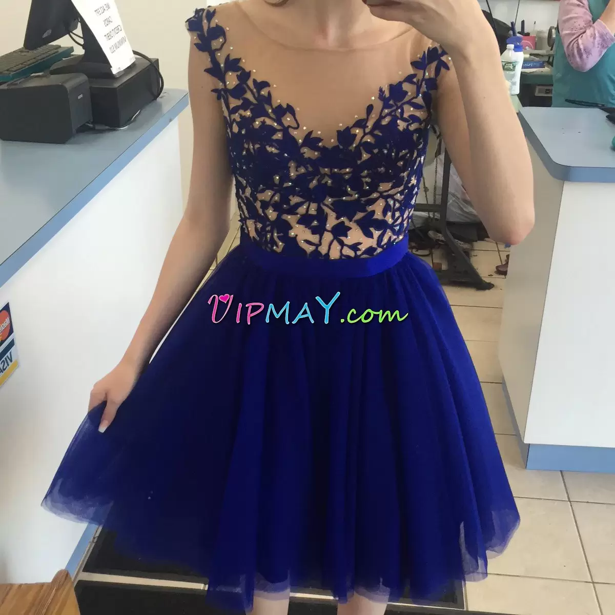 Royal Blue V-neck Lace Up Beading and Appliques Sleeveless