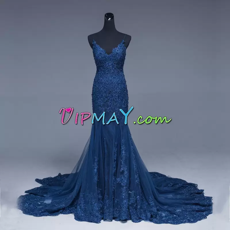 Sweet Sleeveless V-neck Sweep Train Lace Up Appliques Prom Gown V-neck