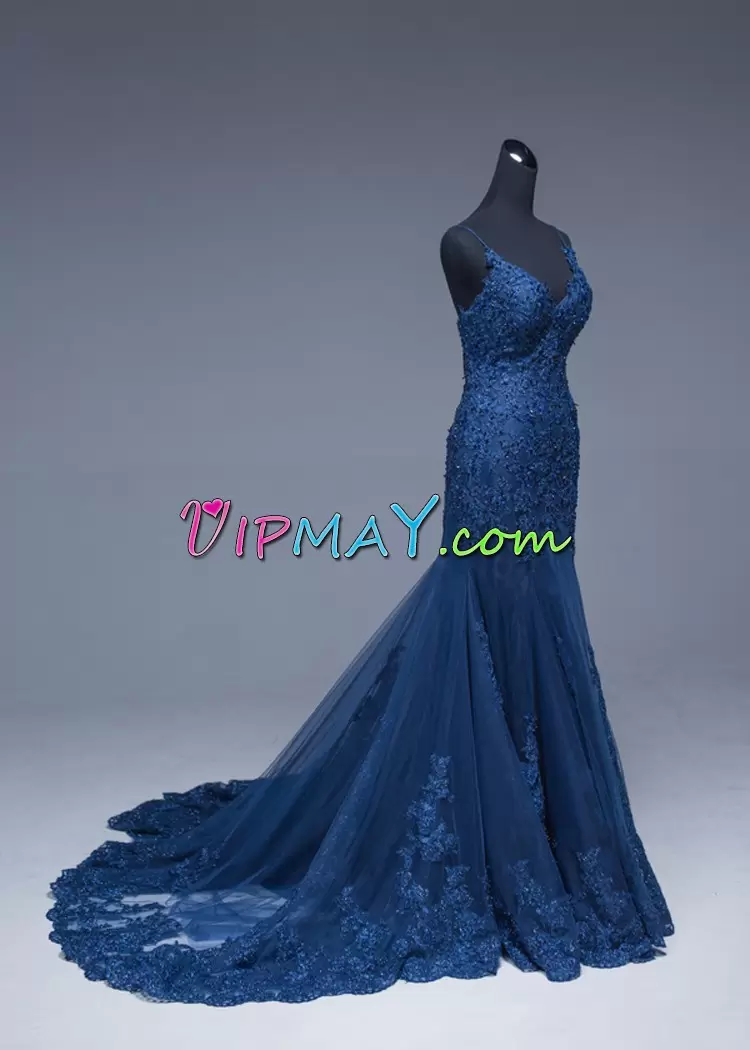 Sweet Sleeveless V-neck Sweep Train Lace Up Appliques Prom Gown V-neck