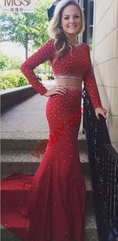 Red Two Pieces Scoop Long Sleeves Chiffon Brush Train Zipper Beading Homecoming Dress Online