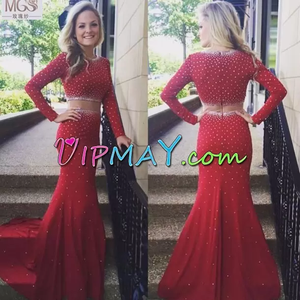 Red Two Pieces Scoop Long Sleeves Chiffon Brush Train Zipper Beading Homecoming Dress Online