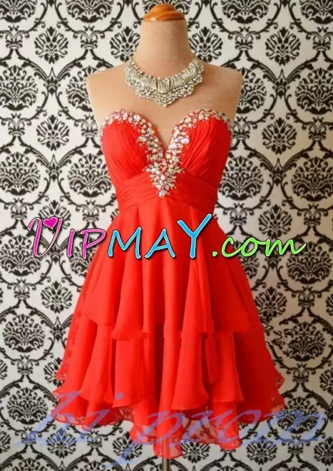 Enchanting Sweetheart Sleeveless Dress for Prom Mini Length Beading Red Chiffon
