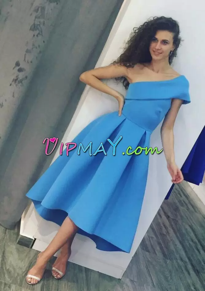 Blue A-line Satin One Shoulder Sleeveless Ruching Ankle Length Prom Evening Gown