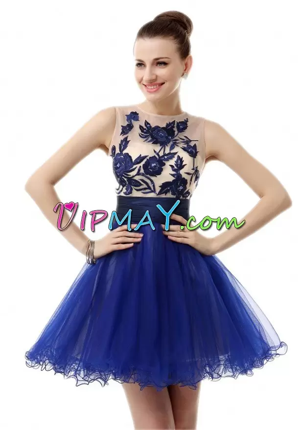 Glittering Royal Blue A-line Bateau Sleeveless Tulle Mini Length Zipper Embroidery Evening Dress