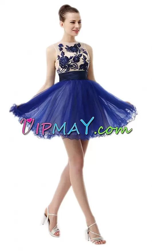 Glittering Royal Blue A-line Bateau Sleeveless Tulle Mini Length Zipper Embroidery Evening Dress